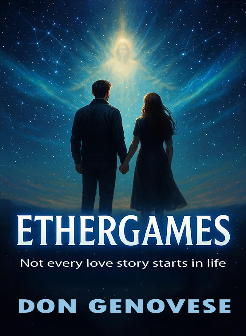 Ethergames book cover: a couple holding hands beneath a starlit sky, a glowing figure watching from above