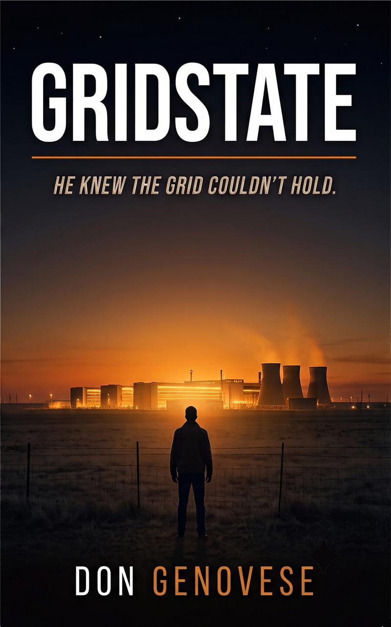 Gridstate book cover: a lone figure facing a glowing power plant at dusk