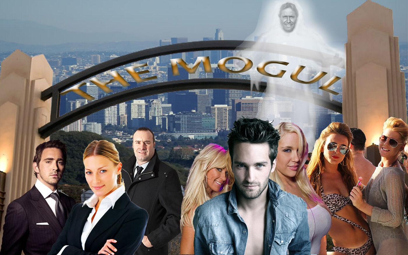 The Mogul poster: a Los Angeles skyline beneath an archway reading THE MOGUL, with an ensemble cast in the foreground